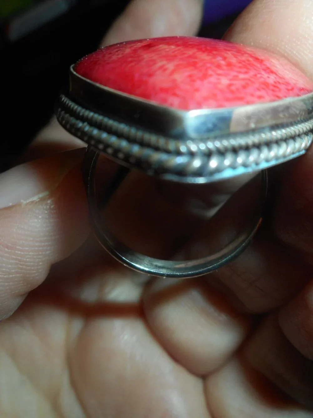 LARGER RED, (HEART) STONE ON SILVER BAND - Women Jewelry, SIZE  7 3/4- 8